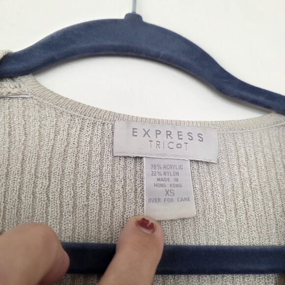 Vintage Express Cropped Ribbed Cardigan Women XS Button Up Gray Cream Preppy Y2K - Picture 7 of 9